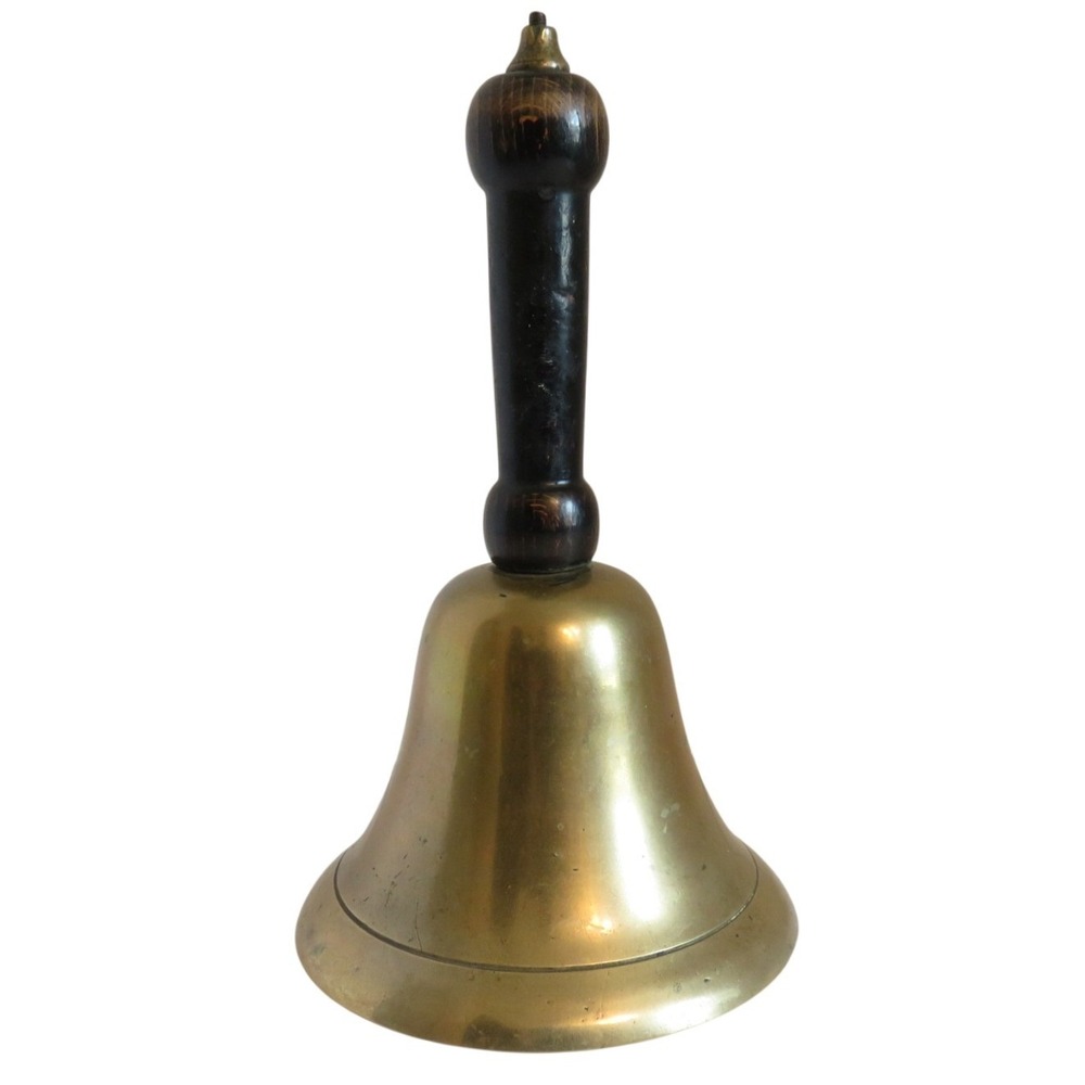 Vintage Mid-Century Large Heavy Solid Brass School Teacher Bell Wooden Handle 9" - Picture 1 of 5